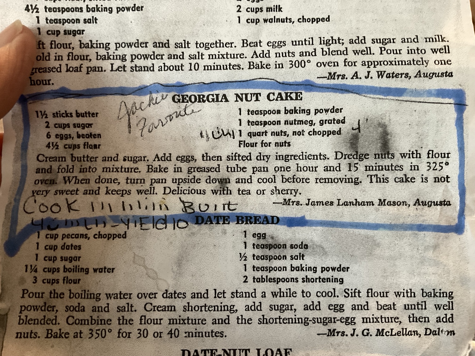 The original Georgia Nut Cake recipe clipping, marked and saved by the Garrett family