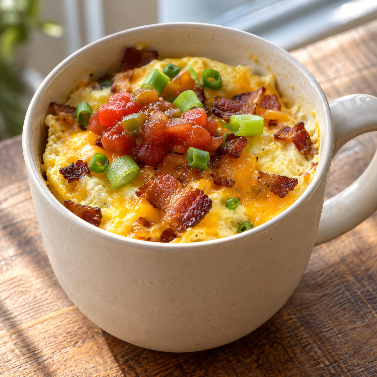 Illustrative photo of a bacon cheddar egg mug