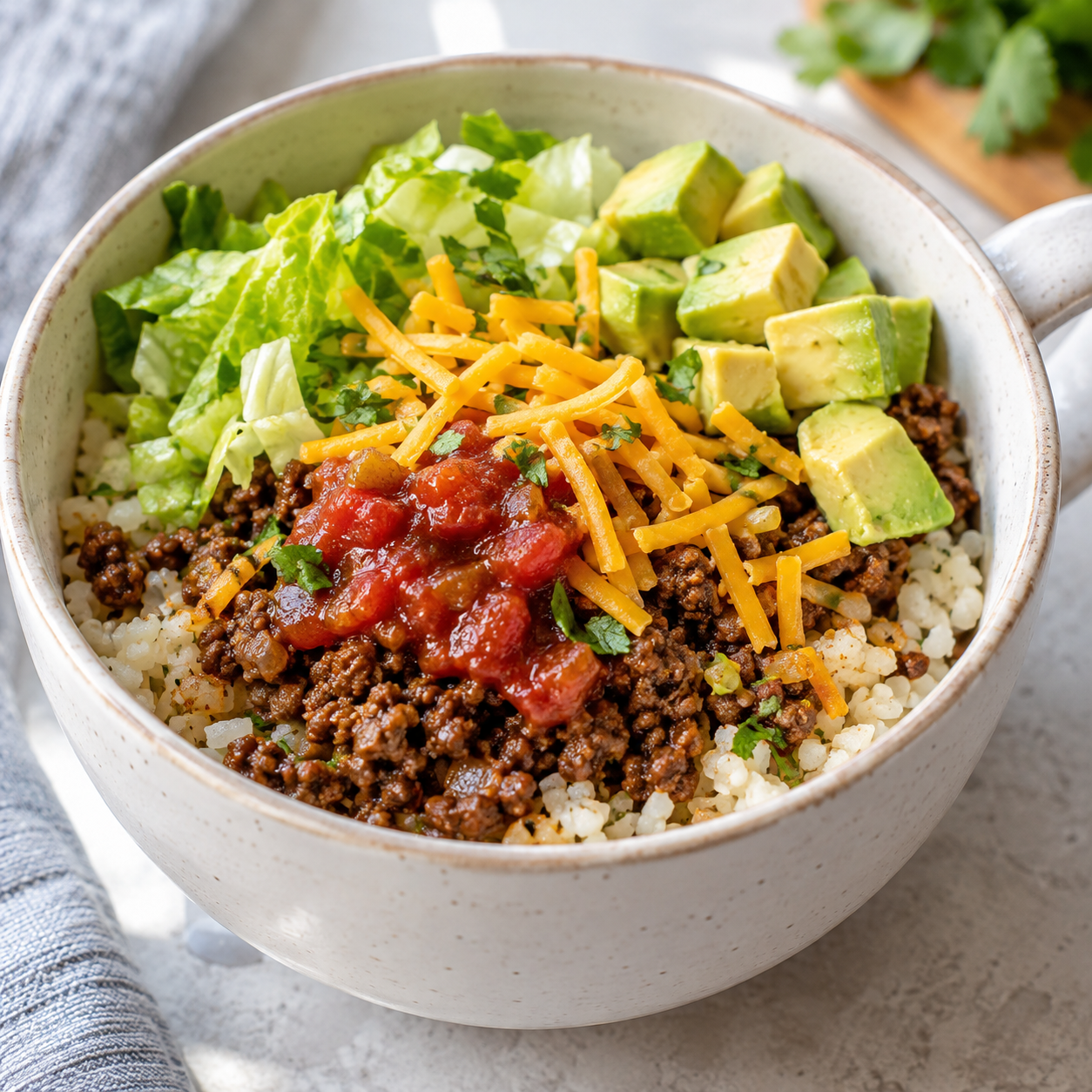 Illustrative photo of a taco beef and cauliflower rice mug