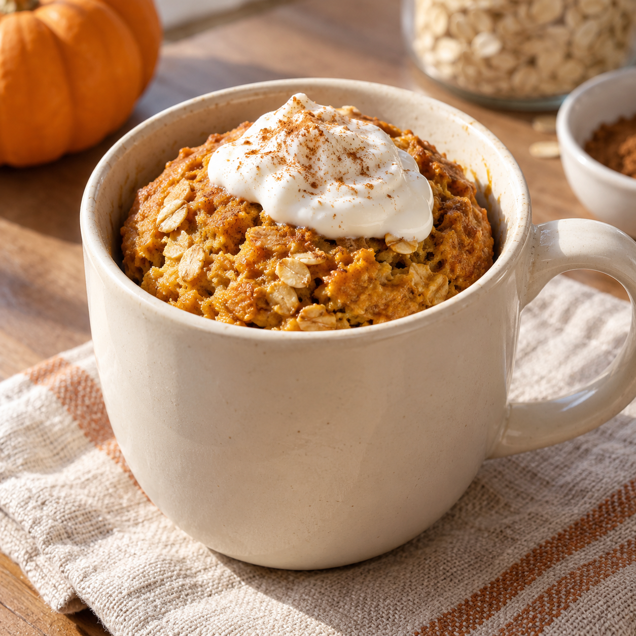 Illustrative photo of the pumpkin oat muffin mug