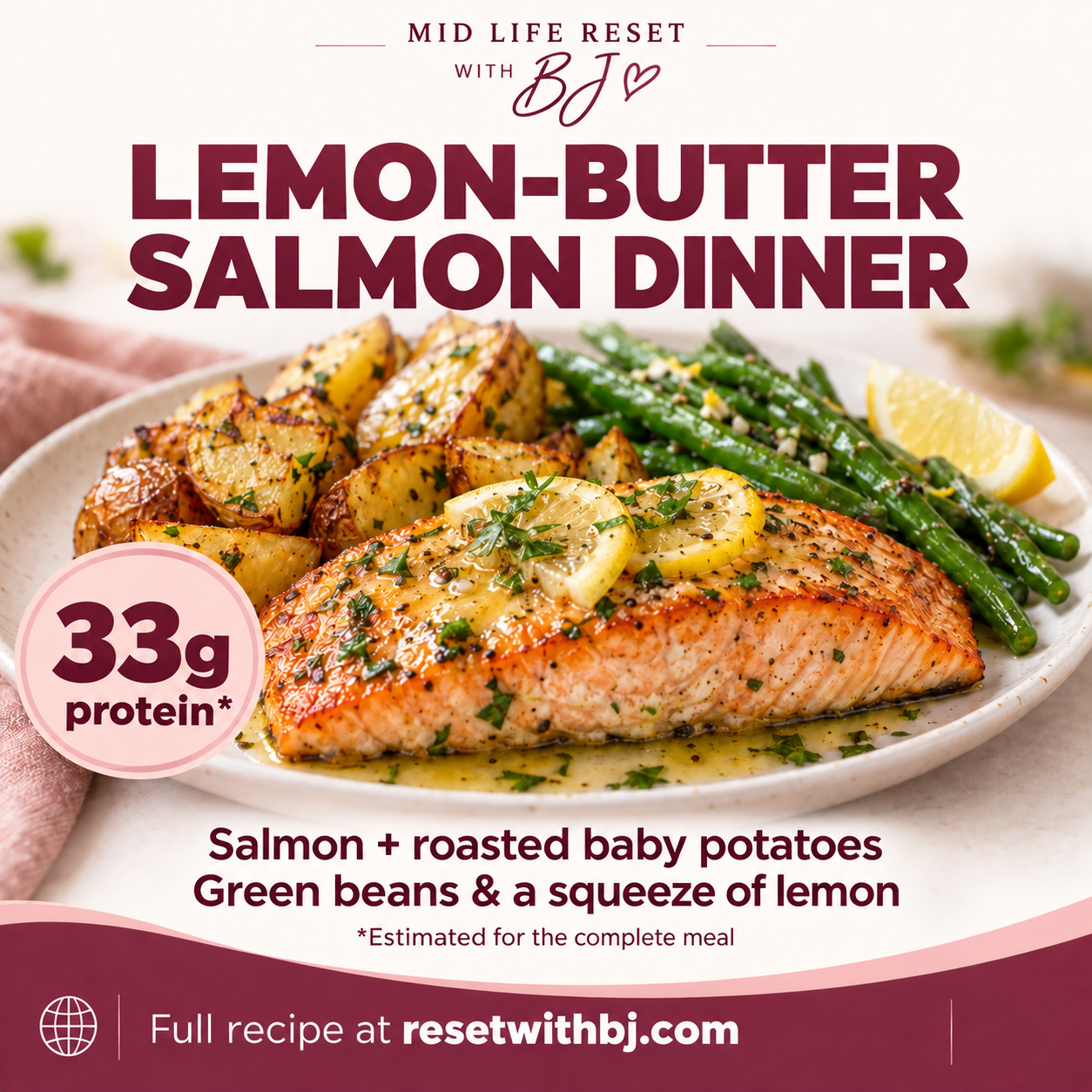 Lemon-Butter Salmon Dinner with its complete sides and estimated protein