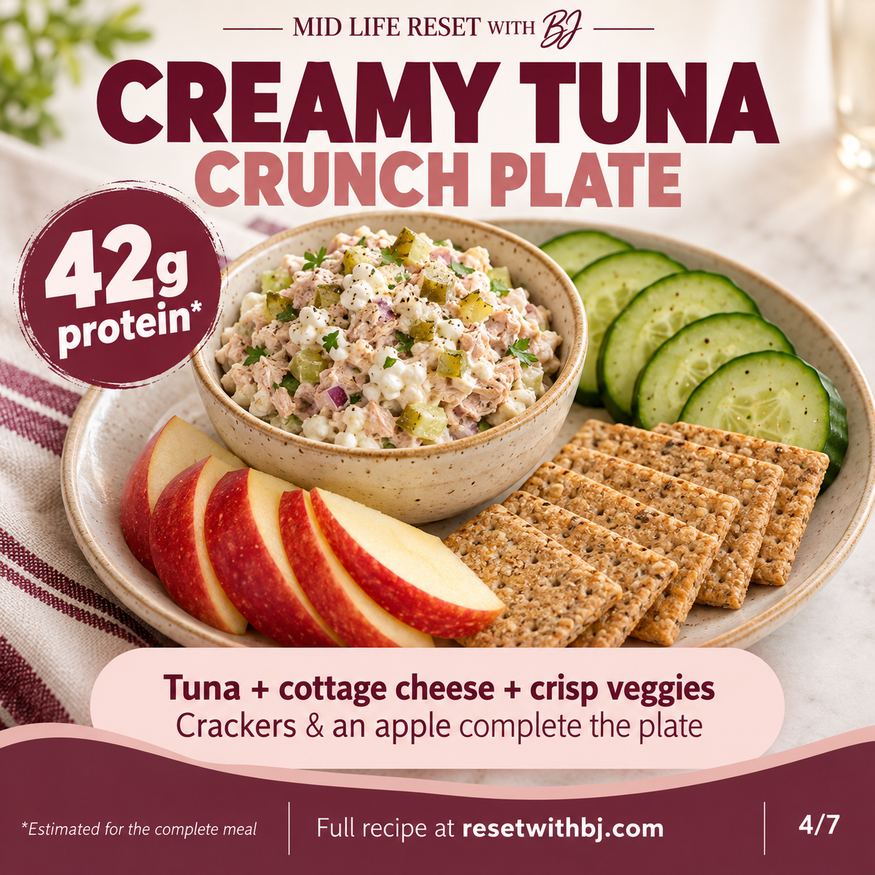 Creamy Tuna Crunch Plate with its complete sides and estimated protein